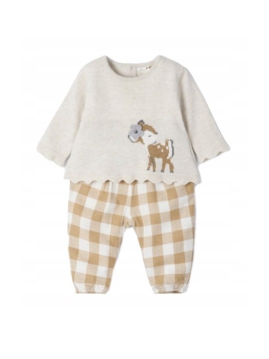 MAYORAL NEWBORN KOMPLET SWETER BEŻ SPODNIE W KRATKĘ 2595