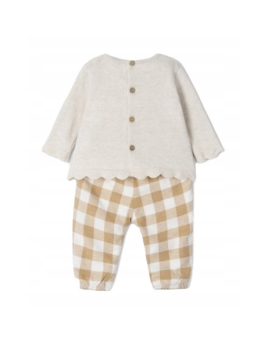 MAYORAL NEWBORN KOMPLET SWETER BEŻ SPODNIE W KRATKĘ 2595
