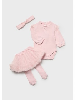 MAYORAL NEWBORN KOMPLET  BODY SPÓDNICZKA TIUL  OPASKA ROŻ 2814/30