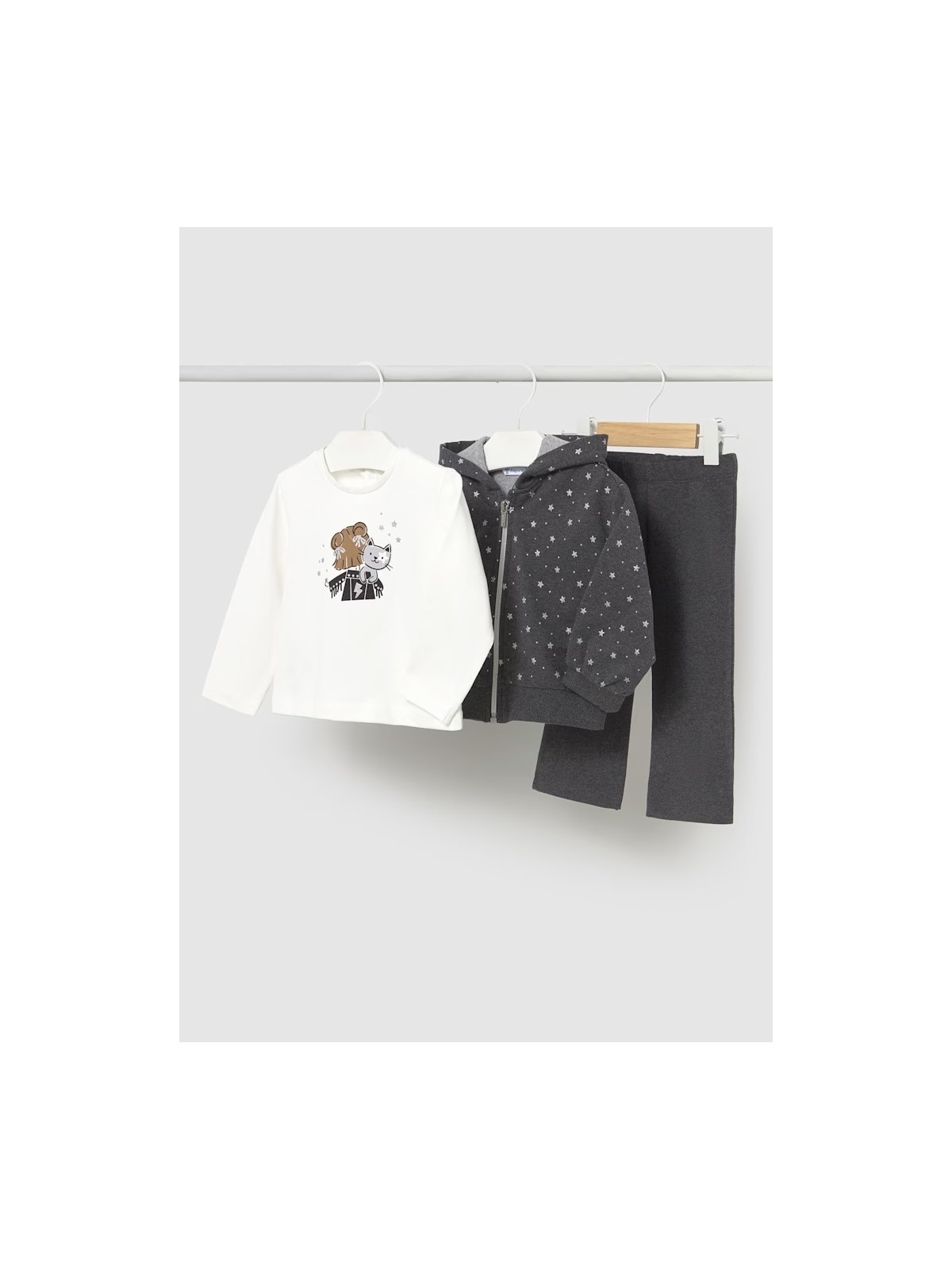 MAYORAL BABY KOMPLET BLUZA Z ROZPIANA W SREBRNE GWIAZDKI KOSZULKA KREM LEGINSY DZWONY 2842