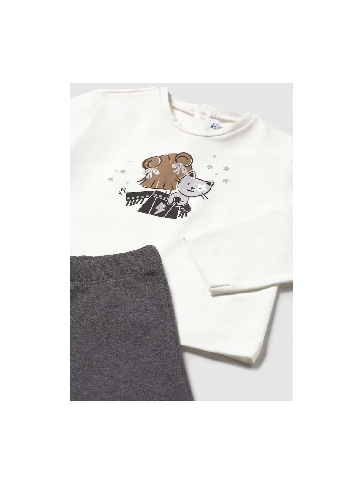 MAYORAL BABY KOMPLET BLUZA Z ROZPIANA W SREBRNE GWIAZDKI KOSZULKA KREM LEGINSY DZWONY 2842