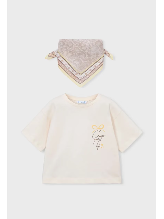 MAYORAL KOSZULKA NA KRÓTKI RĘKAW DLA DZIEWCZYNKI KREM CHUSTKA 3009/88