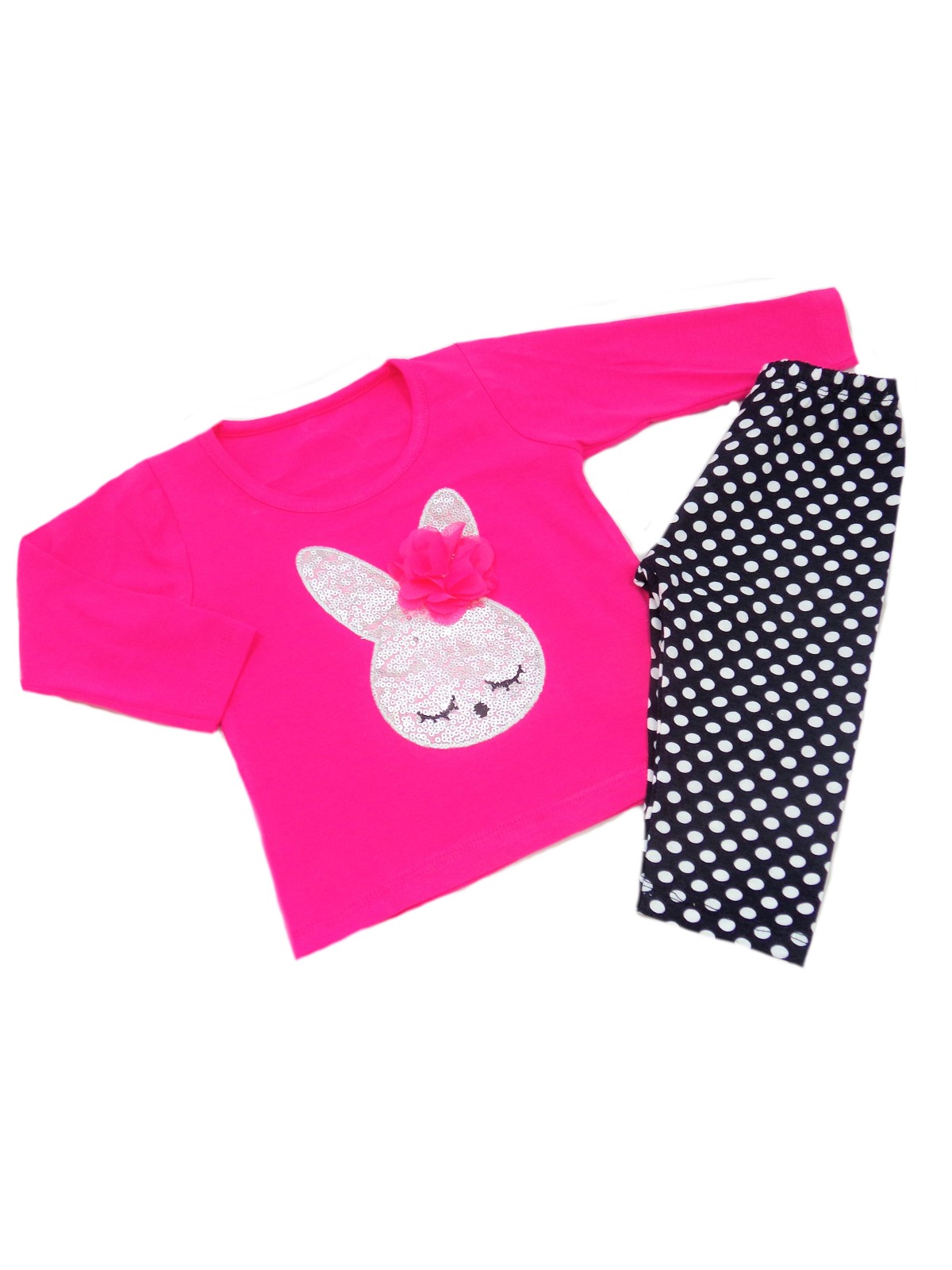 KOMPLET LETNI DLA DZIEWCZYNKI BLUZKA Z CEKINAMI PLUS LEGINSY ZAJĄCZEK