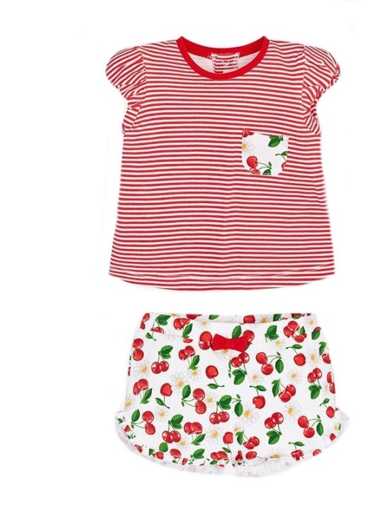 MAYORAL NEWBORN KOMPLET LETNI DLA DZIEWCZYNKI BLUZKA  W PASKI PLUS SZORTYW WISIENKI 1606 52