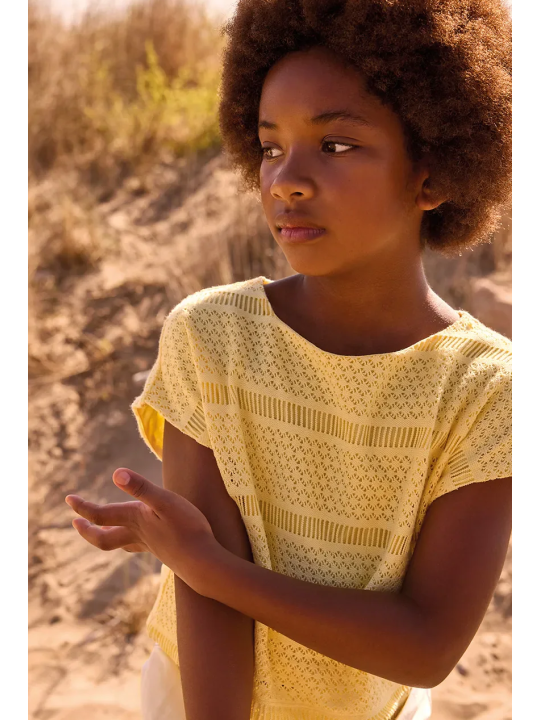 MAYORAL BLUZKA TOP NA KRÓTKI RĘKAW DLA DZIEWCZYNY ŻÓŁTY AŻUROWY 6022/34