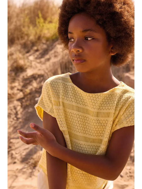 MAYORAL BLUZKA TOP NA KRÓTKI RĘKAW DLA DZIEWCZYNY ŻÓŁTY AŻUROWY 6022/34