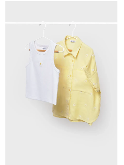 MAYORAL KOSZULA Z KRÓTKIM RĘKAWEM  ŻÓŁTA W KWIATKI TOP BIAŁY Z HAFTEM 6159/57