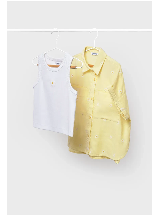 MAYORAL KOSZULA Z KRÓTKIM RĘKAWEM  ŻÓŁTA W KWIATKI TOP BIAŁY Z HAFTEM 6159/57