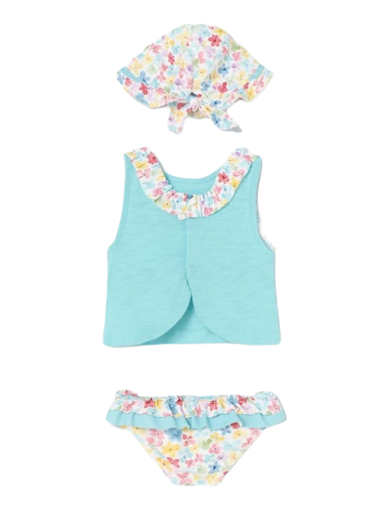 MAYORAL NEWBORN KOMPLET LETNI KĄPIELOWY DLA DZIEWCZYNKI KOSZULKA  MAJTKI PLUS KAPELUSZ 1692