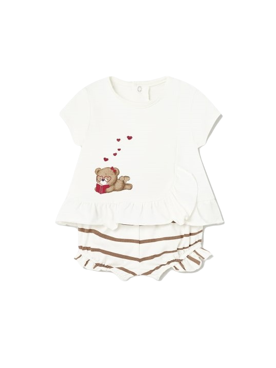 MAYORAL NEWBORN KOMPLET LETNI DLA DZIEWCZYNKI BLUZKA KREM Z MISIEM PLUS SZORTY 1609 /2