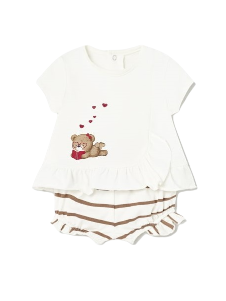 MAYORAL NEWBORN KOMPLET LETNI DLA DZIEWCZYNKI BLUZKA KREM Z MISIEM PLUS SZORTY 1609 /2