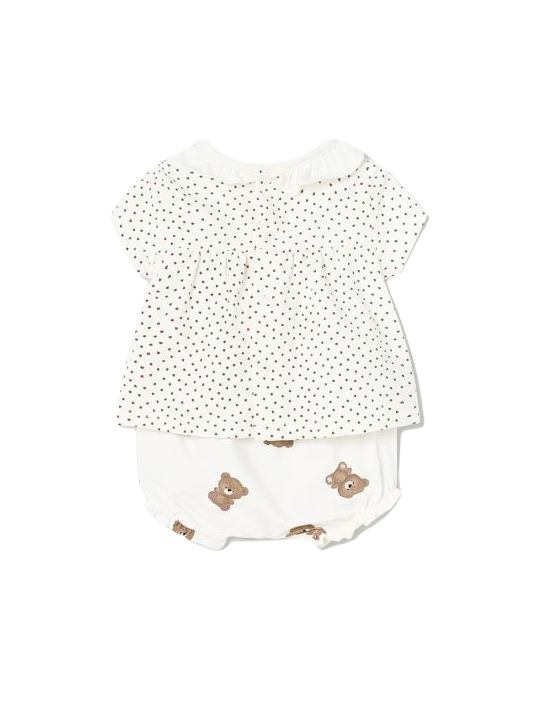 MAYORAL NEWBORN KOMPLET LETNI DLA DZIEWCZYNKI BLUZKA KREM Z MISIEM PLUS SZORTY 1609 /93