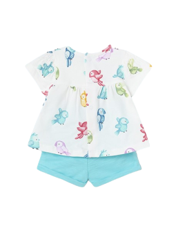 MAYORAL NEWBORN KOMPLET LETNI DLA DZIEWCZYNKI BLUZKA BIAŁA  W KOLOROWE PTASZKI PLUS SPODENKI  TURKUSOWE  1695 /2