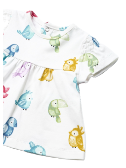 MAYORAL NEWBORN KOMPLET LETNI DLA DZIEWCZYNKI BLUZKA BIAŁA  W KOLOROWE PTASZKI PLUS SPODENKI  TURKUSOWE  1695 /2