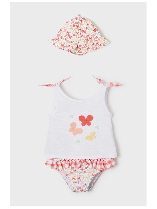MAYORAL NEWBORN KOMPLET LETNI KĄPIELOWY DLA DZIEWCZYNKI KOSZULKA  MAJTKI PLUS KAPELUSZ 1692 /1
