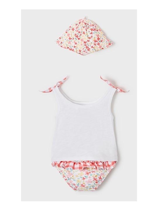 MAYORAL NEWBORN KOMPLET LETNI KĄPIELOWY DLA DZIEWCZYNKI KOSZULKA  MAJTKI PLUS KAPELUSZ 1692 /1