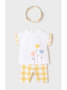 MAYORAL NEWBORN KOMPLET LETNI DLA DZIEWCZYNKI BLUZKA BIAŁA Z KWIATKAMI  LEGINSY ŻÓŁTA KRATKA PLUS OPASKA KOMPLET11