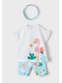 MAYORAL NEWBORN KOMPLET LETNI DLA DZIEWCZYNKI BLUZKA BIAŁA Z FLAMINGIEM  LEGINSY  PLUS OPASKA KOMPLET12