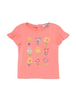 MAYORAL BABY T-SHIRT BLUZKA NA KRÓTKI RĘKAW DLA DZIEWCZYNKI KORAL Z KWIATKAMI 1082 /18