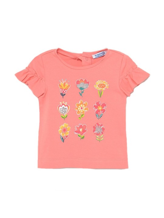 MAYORAL BABY T-SHIRT BLUZKA NA KRÓTKI RĘKAW DLA DZIEWCZYNKI KORAL Z KWIATKAMI 1082 /18