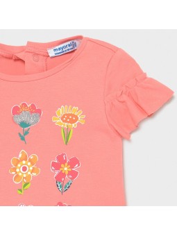 MAYORAL BABY T-SHIRT BLUZKA NA KRÓTKI RĘKAW DLA DZIEWCZYNKI KORAL Z KWIATKAMI 1082 /18