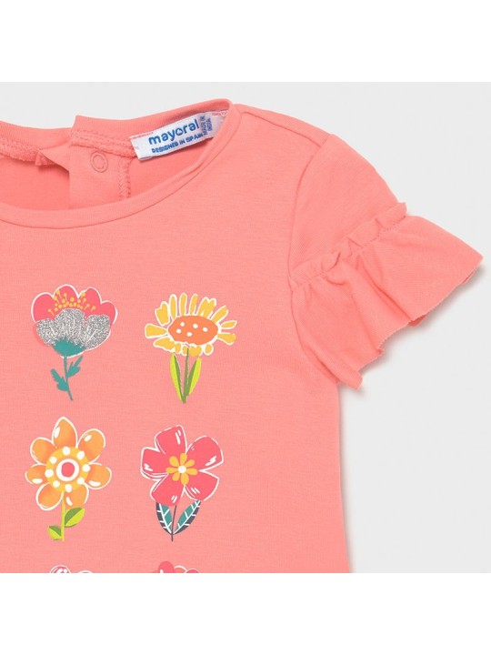 MAYORAL BABY T-SHIRT BLUZKA NA KRÓTKI RĘKAW DLA DZIEWCZYNKI KORAL Z KWIATKAMI 1082 /18