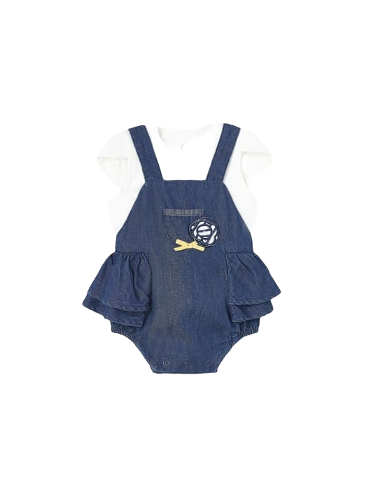 MAYORAL NEWBORN RAMPERS PAJAC OGRODNICZKA LETNIA DLA DZIEWCZYNKI MIĘKKI JEANS PLUS BLUZKA 1693
