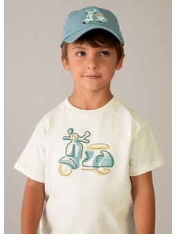 MAYORAL T-SHIRT BLUZKA KOSZULKA NA KRÓTKI RĘKAW DLA CHŁOPCA KREM HAFT MOTOR 3060 /72