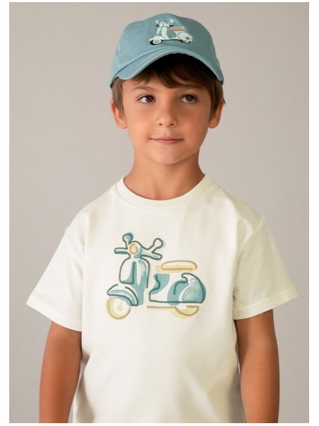 MAYORAL T-SHIRT BLUZKA KOSZULKA NA KRÓTKI RĘKAW DLA CHŁOPCA KREM HAFT MOTOR 3060 /72