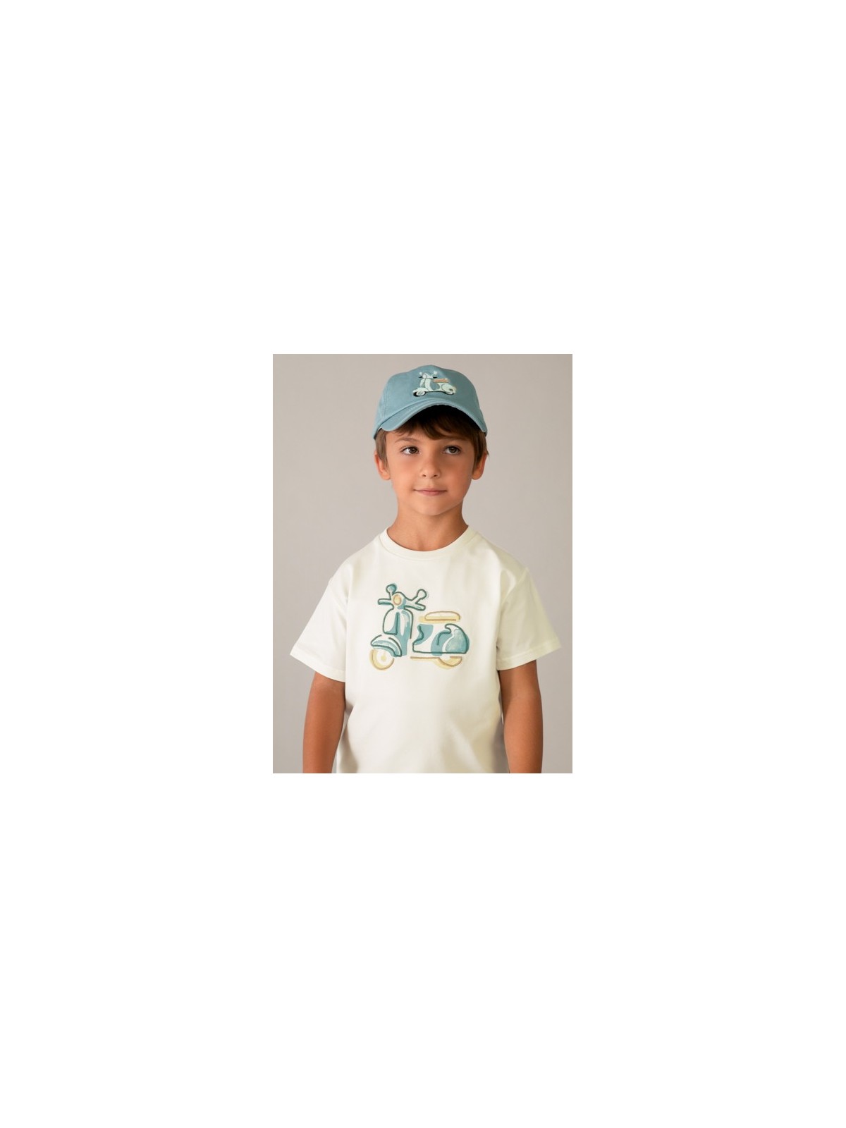 MAYORAL T-SHIRT BLUZKA KOSZULKA NA KRÓTKI RĘKAW DLA CHŁOPCA KREM HAFT MOTOR 3060 /72