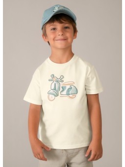 MAYORAL T-SHIRT BLUZKA KOSZULKA NA KRÓTKI RĘKAW DLA CHŁOPCA KREM HAFT MOTOR 3060 /72