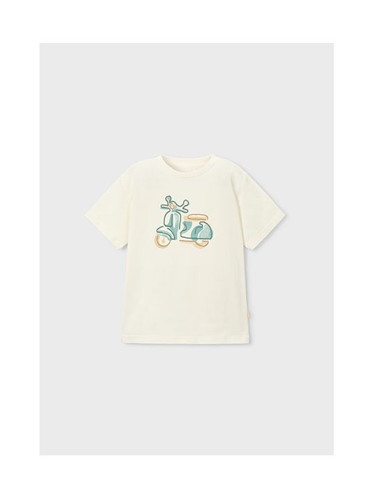 MAYORAL T-SHIRT BLUZKA KOSZULKA NA KRÓTKI RĘKAW DLA CHŁOPCA KREM HAFT MOTOR 3060 /72