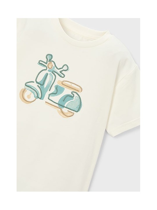MAYORAL T-SHIRT BLUZKA KOSZULKA NA KRÓTKI RĘKAW DLA CHŁOPCA KREM HAFT MOTOR 3060 /72