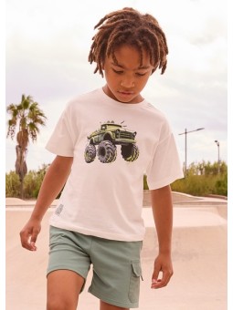 MAYORAL T-SHIRT BLUZKA KOSZULKA NA KRÓTKI RĘKAW DLA CHŁOPCA KREM AUTO 3069 /48