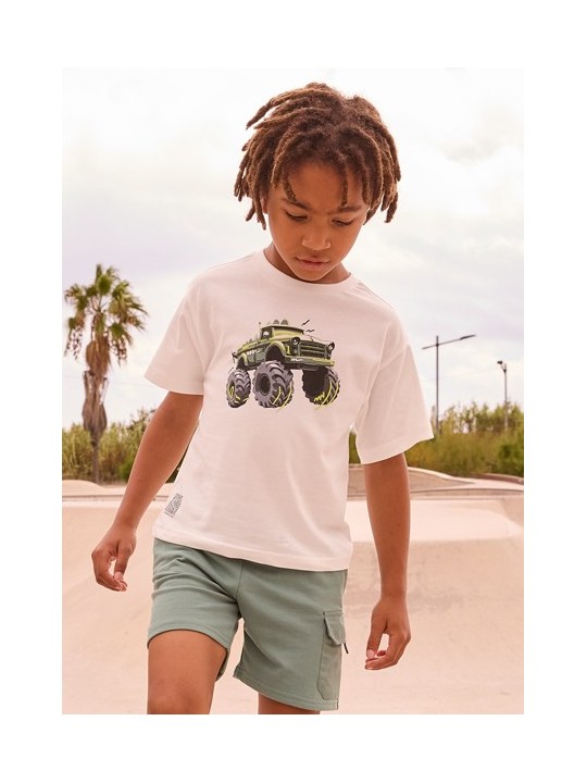 MAYORAL T-SHIRT BLUZKA KOSZULKA NA KRÓTKI RĘKAW DLA CHŁOPCA KREM AUTO 3069 /48