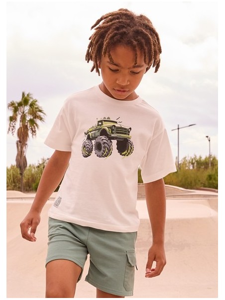 MAYORAL T-SHIRT BLUZKA KOSZULKA NA KRÓTKI RĘKAW DLA CHŁOPCA KREM AUTO 3069 /48