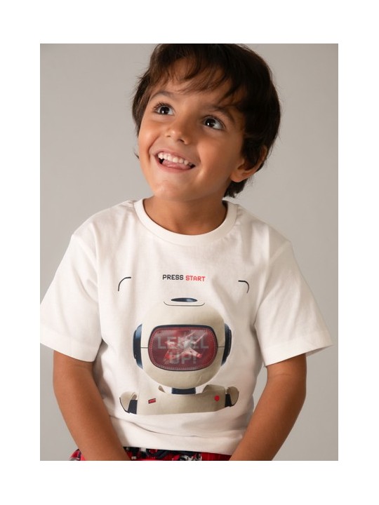 MAYORAL T-SHIRT BLUZKA KOSZULKA NA KRÓTKI RĘKAW DLA CHŁOPCA KREM INTERAKTYWNY ROBOT 3065 / 39