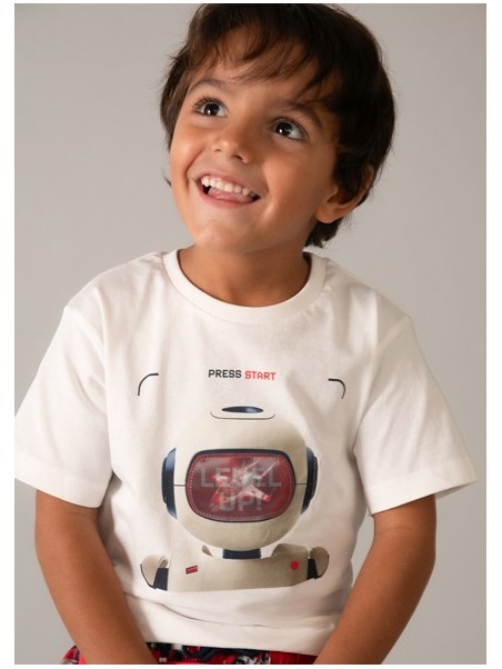 MAYORAL T-SHIRT BLUZKA KOSZULKA NA KRÓTKI RĘKAW DLA CHŁOPCA KREM INTERAKTYWNY ROBOT 3065 / 39