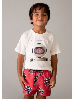 MAYORAL T-SHIRT BLUZKA KOSZULKA NA KRÓTKI RĘKAW DLA CHŁOPCA KREM INTERAKTYWNY ROBOT 3065 / 39