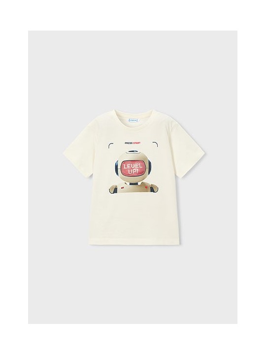 MAYORAL T-SHIRT BLUZKA KOSZULKA NA KRÓTKI RĘKAW DLA CHŁOPCA KREM INTERAKTYWNY ROBOT 3065 / 39