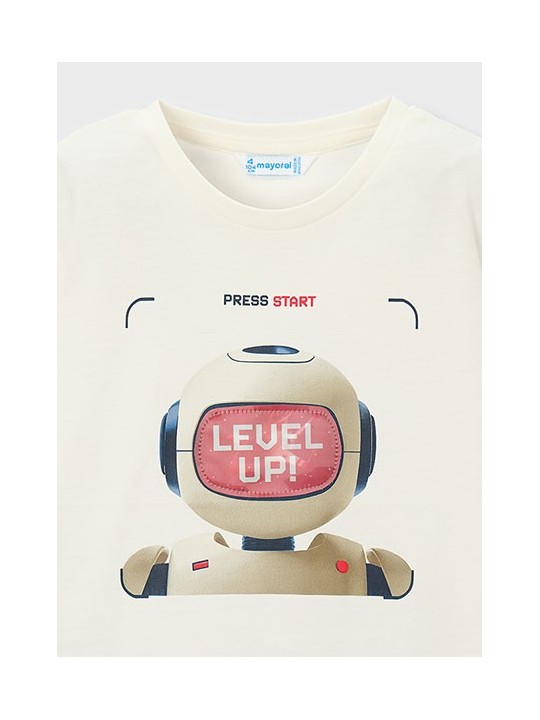 MAYORAL T-SHIRT BLUZKA KOSZULKA NA KRÓTKI RĘKAW DLA CHŁOPCA KREM INTERAKTYWNY ROBOT 3065 / 39