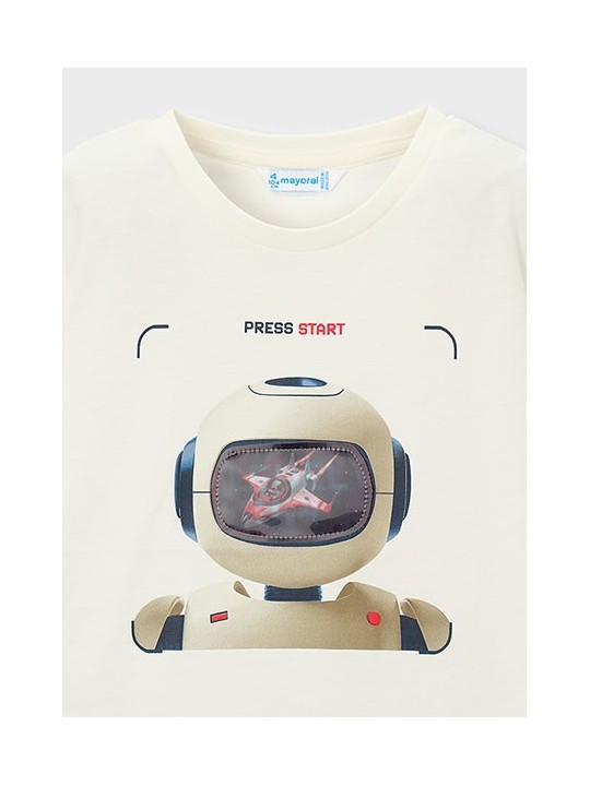 MAYORAL T-SHIRT BLUZKA KOSZULKA NA KRÓTKI RĘKAW DLA CHŁOPCA KREM INTERAKTYWNY ROBOT 3065 / 39