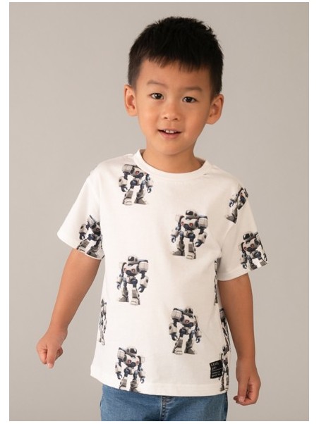 MAYORAL T-SHIRT BLUZKA KOSZULKA NA KRÓTKI RĘKAW DLA CHŁOPCA KREM ROBOTY 3068 /68