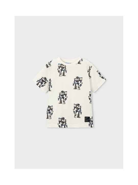 MAYORAL T-SHIRT BLUZKA KOSZULKA NA KRÓTKI RĘKAW DLA CHŁOPCA KREM ROBOTY 3068 /68