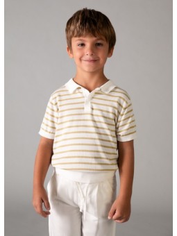 MAYORAL T-SHIRT BLUZKA KOSZULKA POLO NA KRÓTKI RĘKAW DLA CHŁOPCA DZIANINA PASKI KREM BEŻ 3106 /90