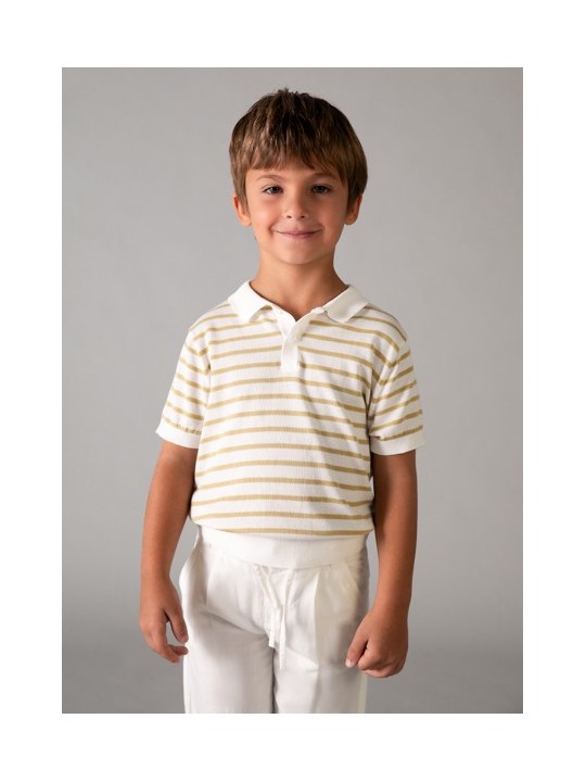 MAYORAL T-SHIRT BLUZKA KOSZULKA POLO NA KRÓTKI RĘKAW DLA CHŁOPCA DZIANINA PASKI KREM BEŻ 3106 /90