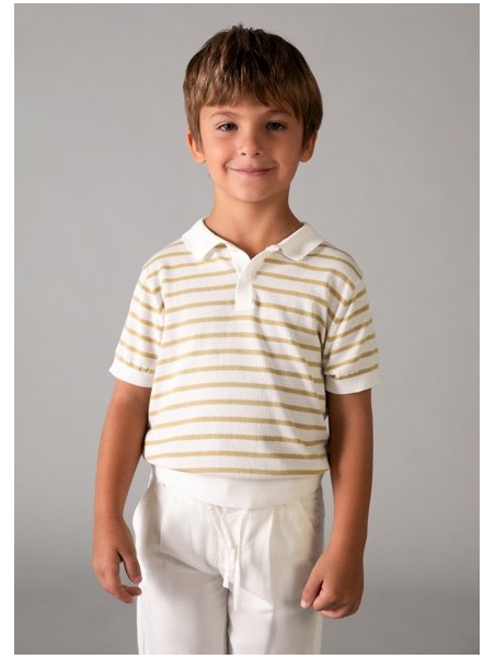 MAYORAL T-SHIRT BLUZKA KOSZULKA POLO NA KRÓTKI RĘKAW DLA CHŁOPCA DZIANINA PASKI KREM BEŻ 3106 /90