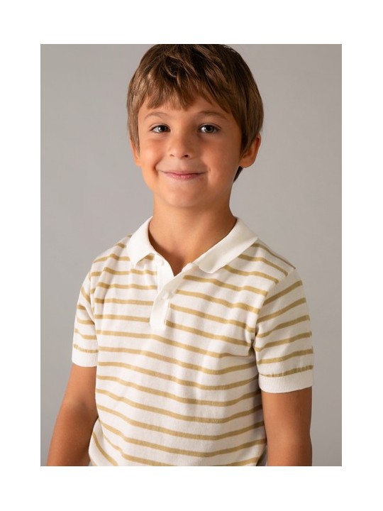 MAYORAL T-SHIRT BLUZKA KOSZULKA POLO NA KRÓTKI RĘKAW DLA CHŁOPCA DZIANINA PASKI KREM BEŻ 3106 /90