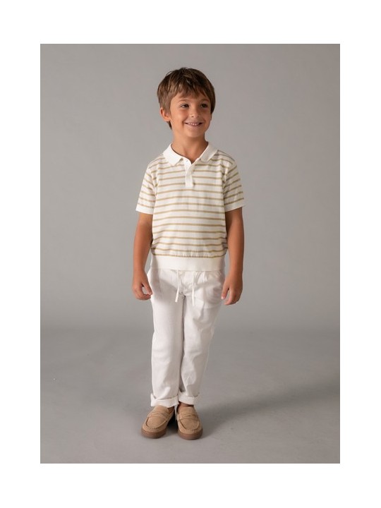 MAYORAL T-SHIRT BLUZKA KOSZULKA POLO NA KRÓTKI RĘKAW DLA CHŁOPCA DZIANINA PASKI KREM BEŻ 3106 /90