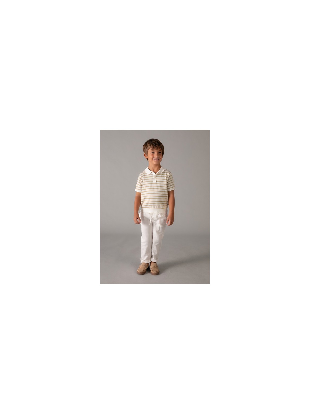 MAYORAL T-SHIRT BLUZKA KOSZULKA POLO NA KRÓTKI RĘKAW DLA CHŁOPCA DZIANINA PASKI KREM BEŻ 3106 /90